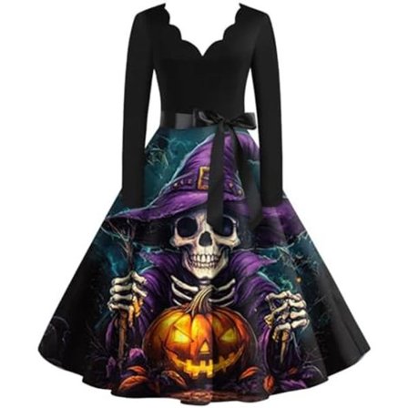 BTBDYDH Halloween Klänning Retro Långärmad V-ringad Klänning Utsvängd Vintage Hepburn Klänningar Pumpa Fladdermus Häxa Tryckt Cosplay Party Kostym 