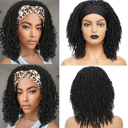 Wakego Short Dreadlock Wigs And Curly Headband Wig Goddess Faux Locs Wigs Ombre Brown Twist Braided Wigs for Women Daily Wear