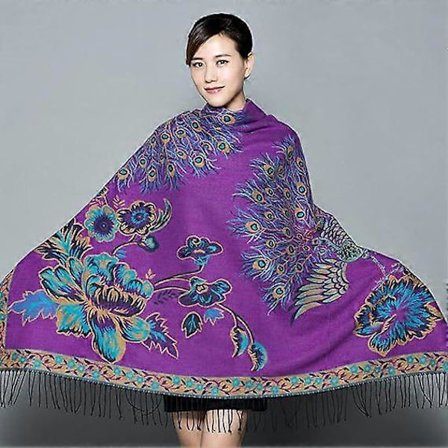 Dam Scarf Höst Vinter Kallsäker Vintage Lila Påfågel Pion Blomma Tryckt Kvadratisk Scarf Tassel Etnisk Varm Mjuk Kashmir Touch Scarf Pläd