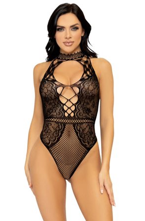 Net & Lace Keyhole Bodysuit Black O/S Teddy
