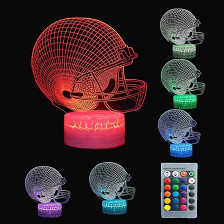 Fodbold Cap Bordlampe Natlampe Hjelm Akryl Natlampe med 16 Farveskift Tilstande, 3D Illusion Lampe Led Spil Belysning Gaver til Børn Mænd Kvinder (LGL