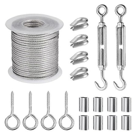 Wire Rope Rustfrit Stål Sæt, 15 m Wire Rope Espalier Sæt, 2 mm Stålkabel Belagt, Stålkabel med Øjer, Spændetråd Wire Rope Spændesæt, til Klatring