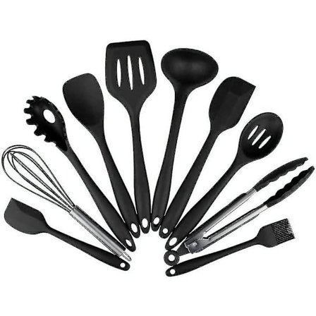 10-osainen silikoninen keittiövälinesetti, BPA-vapaa (10 osaa musta)