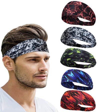 Sports pandebånd til mænd og kvinder (5-pak), fugttransporterende svedbånd, elastiske skridsikre svedbånd, sporty træningsmode, brede hårbånd