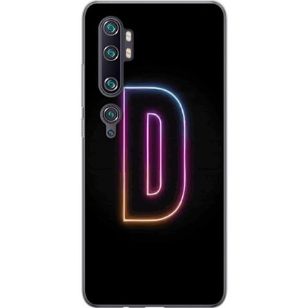 Yhteensopiva Puhelinkuori Xiaomi Xiaomi Mi Note 10 Pro Minimalistinen neonkirjain D väriä vaihtavassa valossa mustaa taustaa vasten modernissa digit