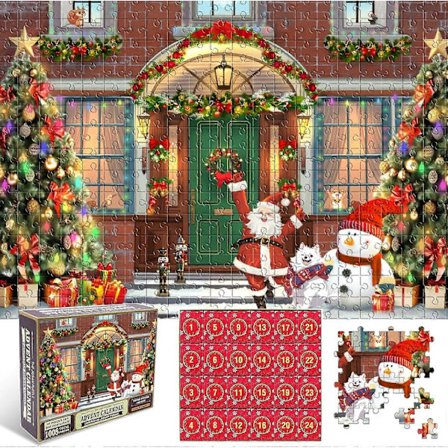 Adventskalender Julepuslespill, 24-delt 1008-brikkers puslespill, Jule-nedtelling for voksne og barn, Hjemmeinnredning. (Julefasade)
