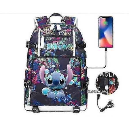 Lilo og Stitch skolesekk kapasitet ryggsekk gutter og jenter USB-lading reise stor laptop college student skolesekk skolesekk