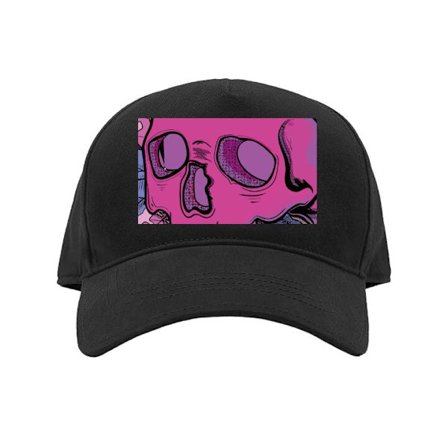 Kasket Grafisk illustration af en lyserød dødningehoved med kraftige sorte linjer, tegneseriestil og intens street art-æstetik