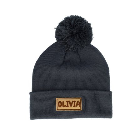 Beechfield - Grey pom Beanie - Kids Engraved Suede Patch Graphite Grey Pom @ Hatstore