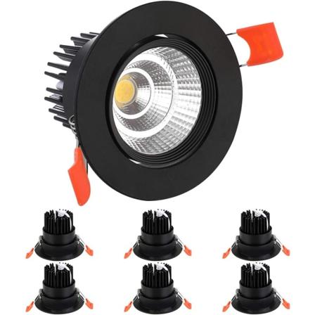 6 stk. LED Downlight, 7W COB, AC 220-240V, Koldt Hvid 6000K, Justering 30°, IP44, Udskæring 70-80mm (Sort) [Klasse] Energi A