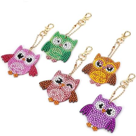 5 stycken DIY Chouette Diamantmålning Nyckelringar, DIY 5D Mosaik Diamantmålning Nyckelring Hänge för Väskor Dekoration