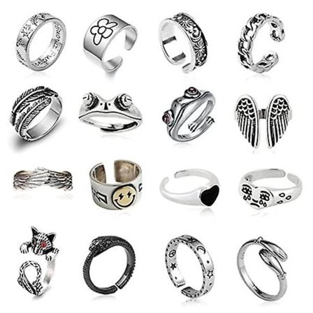 16 st silverpläterade grodringar, söta djur öppna ringar pack, vintage goth Y2k matchande ringar, söta