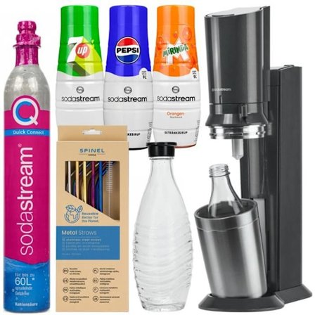 Saturator för kolsyrat vatten - Sodastream - Crystal 3.0 - Glas karaff 0.6L - 3 siraper - 10 metall sugrör