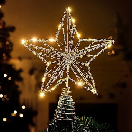 Stjerneformet juletre i metall, pentakelformet lampe med spiralformet base, perlekjede lys, juledekorasjon