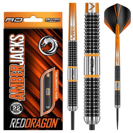 Red Dragon Darts Amberjack 18pcs Tungsten Steel-Tip Darts 22g/24g Orange/Black Professional VRX Flights