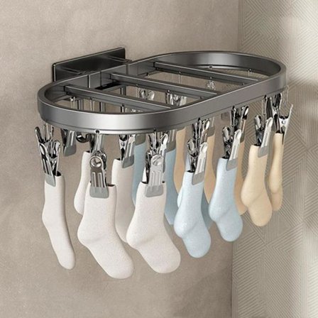 Vægmonteret sokketørrer, sammenklappeligt tørrestativ med 24 klemmer