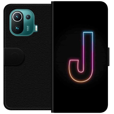 Yhteensopiva Lompakkokotelo Xiaomi Xiaomi Mi 11 Pro Minimaalinen neonkirjain J värien vaihtuessa valossa mustaa taustaa vasten