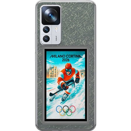 Yhteensopiva Puhelinkuori Xiaomi 12T Curlingkuvitus pelaajilla ja kivillä jäällä, Milano Cortina 2026, lumisia roiskeita ja olympiasormukset