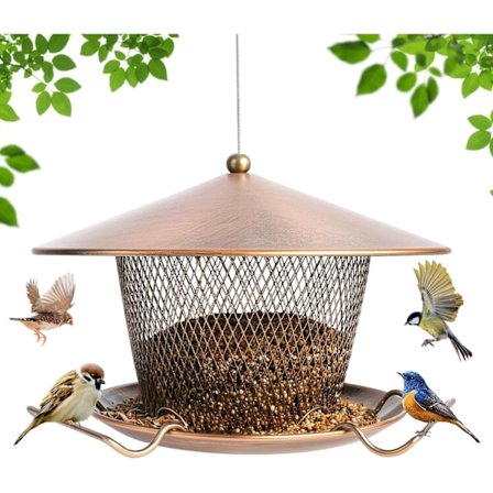Hængende metal fuglefoderhus til udendørs brug – Stort tagdesign, 1,3 kg kapacitet til små fugle, egernsikkert og vejrbestandigt. Ideel til