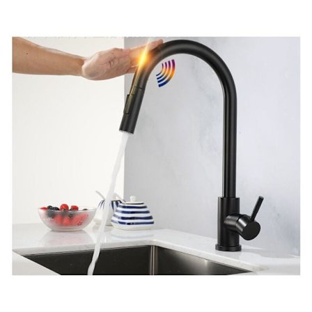 Berøringsfølsom køkkenhane, udtrækkelig køkkenhane med 2 spraytilstande, 304 rustfrit stål håndvaskhane, 360° roterbar enkeltgrebsarmatur (sort) KLB