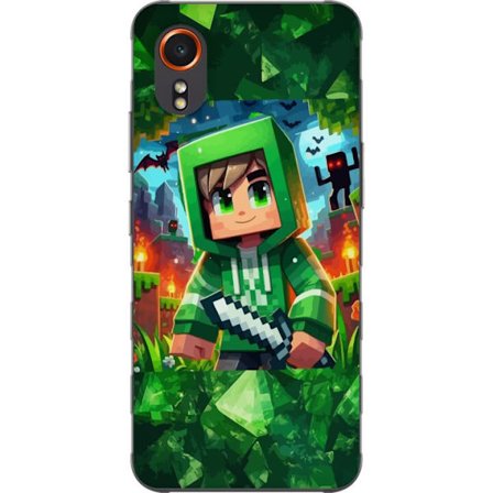 Kompatibel Mobilcover til Samsung Galaxy Xcover7 Minecraft gamer dreng grøn hættetrøje pixel eventyr dreng sværd Minecraft kunst design