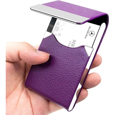 Professionell visitkortshållare PU-läder visitkortsfodral Namnkortshållare Slim Metal Pocket Card Holder med magnetisk stängning (Lila)