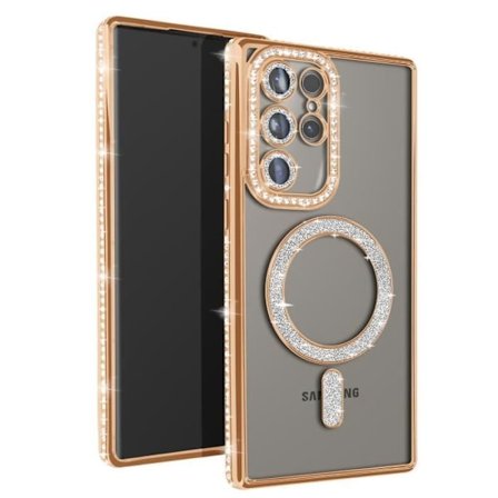 Coque - AVIZAR - Samsung Galaxy S24 Ultra - Hård - Guld Strass - Kompatibel med MagSafe