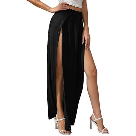 Lang dame nederdel med dobbeltslid, høj talje, jersey stretch, to sideslidser, maxi-nederdel