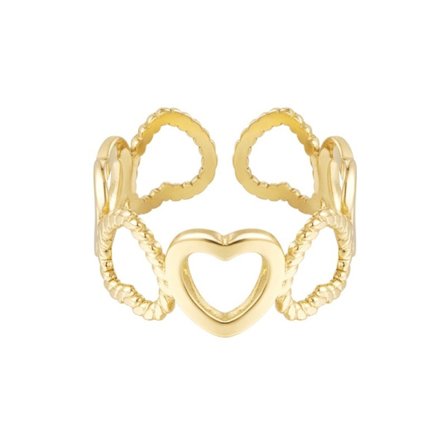 Ring i Rostfritt Stål med en rad Hjärtan - Guld - Justerbar
