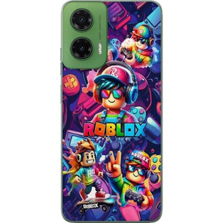 Kompatibel Mobilcover til Motorola Moto G35 Farverig Roblox gaming gruppe med hovedtelefoner, controllere og neonfarver perfekt til børn og gaming ent
