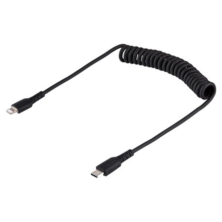 StarTech 1m (3ft) USB C to Lightning Cable, MFi Certified, Coiled iPhone Charger Cable, Black, Durable and Flexible TPE Jacket Aramid Fiber, Heavy