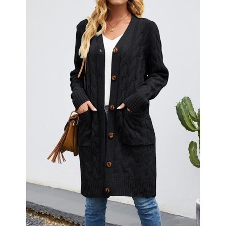IC Langærmet Kabelstrikket Lang Cardigan til Kvinder med Åben Frontknap