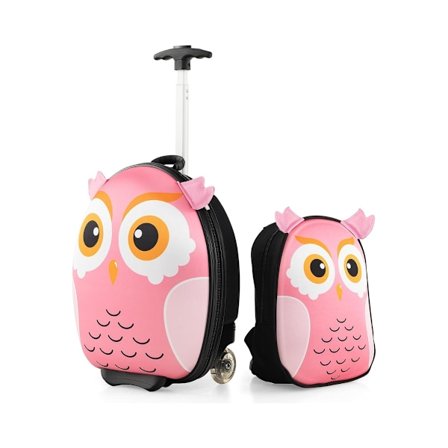 2-osainen lasten matkalaukku & reppu pyörillä ja 3-vaiheisella teleskooppikahvalla 12"+16" lasten vaunupöllö