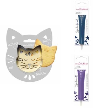 Kissan kohokuvioitu keksipakkaus + 2 keskiyönsinistä ja purppuraa suklaakynää