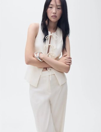 Mango Linen-Blend Top With Bow - White - M