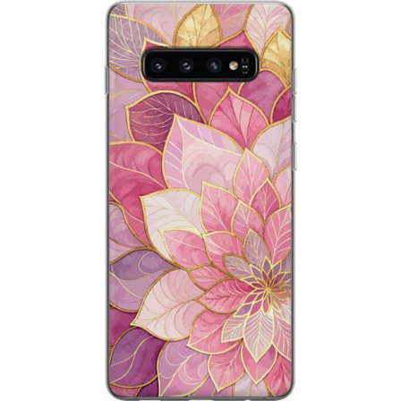Kompatibelt Mobildeksel til Samsung Galaxy S10 Rosa og lilla blomstermønster med gyldne detaljer - Elegante mandala-inspirerte motiv