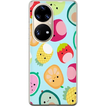 Kompatibel Mobilcover til Huawei P50 Pro Mønster af kawaii frugter som jordbær citron ananas og avocado på lyseblå baggrund