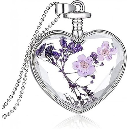 Wabjtam Tørpresset Lilla Blomster Halskæde Hjerteformet Rundt Glas Vedhæng Halskæde Til Kvinder Piger