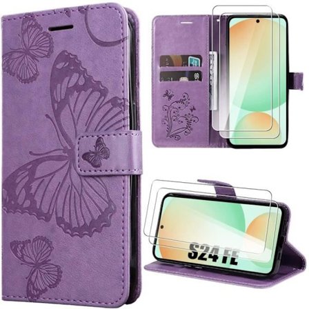 Coque - Booling - för Samsung Galaxy S24 FE - Syntetiskt Läder - Lila - Fjärilar - 2 Härdat Glas
