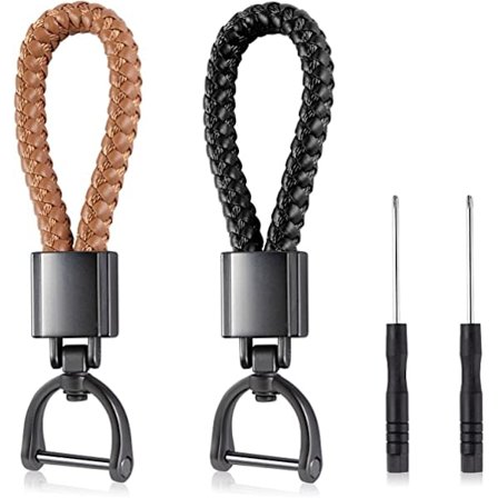 2 stk. nøkkelring i flettet skinn for menn og kvinner, nøkkelring i flettet skinn med glidelås