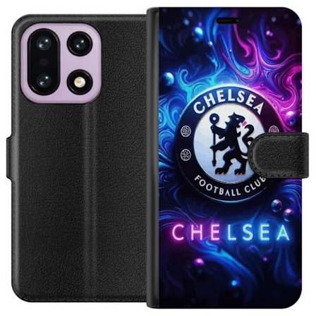 Kompatibel Tegnebogsetui til OnePlus 15 Chelsea Football Club logo med blåt og lilla neonlignende røg mønster i baggrunden
