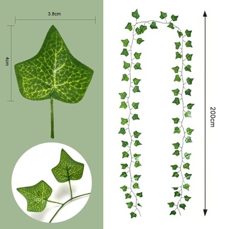 12 stk. Efeu Guirlande / Løvguirlande - 2m lang Grøn