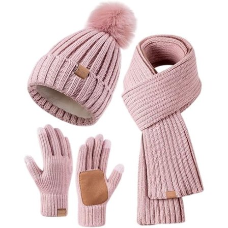 ING Dame Vinterhue, Halstørklæde og Handsker Sæt 3-i-1 med Pompom, Langt Halstørklæde, Halsvarmer og Touchscreen Handsker, Varme Bløde Tilbehør til 