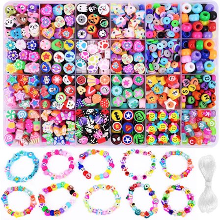1000 stk Polymerleire Perler Armbånd DIY-Kit, 24 Stiler Søte Morsomme Perler Frukt Blomst Dyr Kake Sommerfugl Hjerte Perler Charms for Smykker Ha