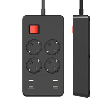 Multifunktionellt överspänningsskydd med 4 uttag och 4 USB-portar, grenuttag med individuell strömbrytare mot överbelastning, 1,5 m svart