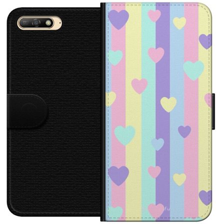 Kompatibelt Lommeboketui til Huawei Y6 (2018) Pastellstriper i rosa, gul, lilla og blå med spredte hjerter i myk kawaii-stil.