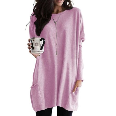 Kvinnor Vanlig långärmad oversize T-shirtklänning med rund hals, Baggy Tunika Långa toppar Plus Size Pink