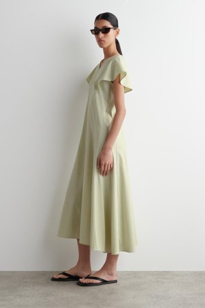 COS Women's Abito Midi In Cotone Con Maniche A Petalo in Verde