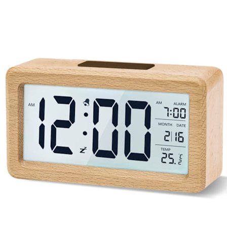 Digitaalinen herätyskello, puinen, jossa suuri LCD-taustavalaistu näyttö, lämpötila, torkkutoiminto, kirkkaussensori, 3 AAA【Paristo EI sisälly】