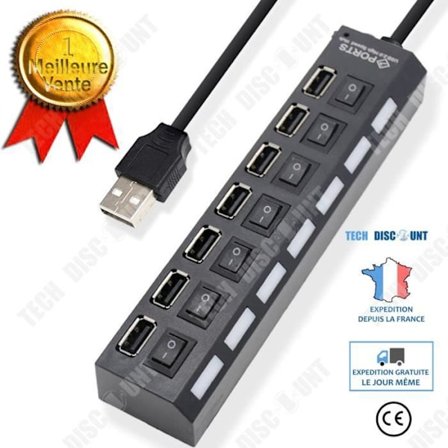 HUB USB - TD - 7 portar - Oberoende omkopplare - USB 2.0 - 480 Mbps